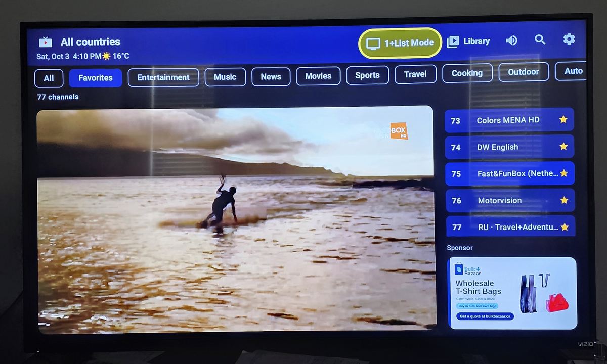 NextGen Cable on a TV, Home: one big player with the channel list beside it